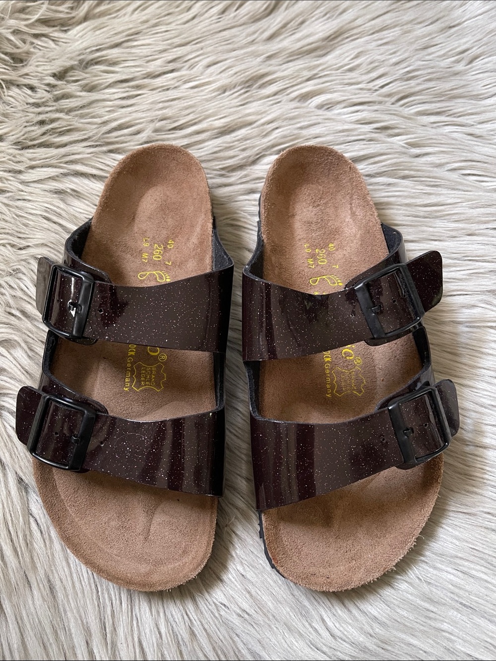 Papillon  Double-Buckle Slides in Dark Brown Glitter